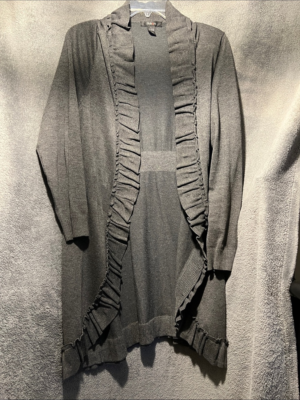 Style & Co. Gray Ruffle-Front Open Cardigan